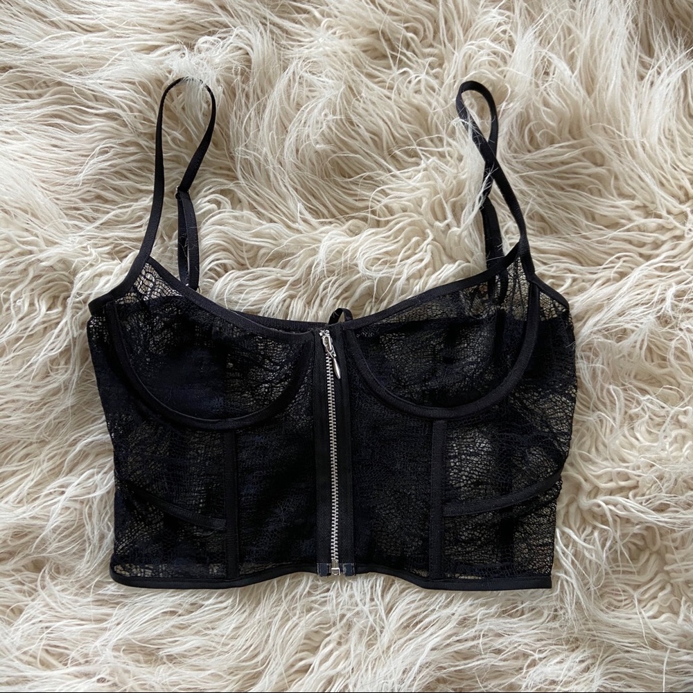 Zip front lace bra top with underwire